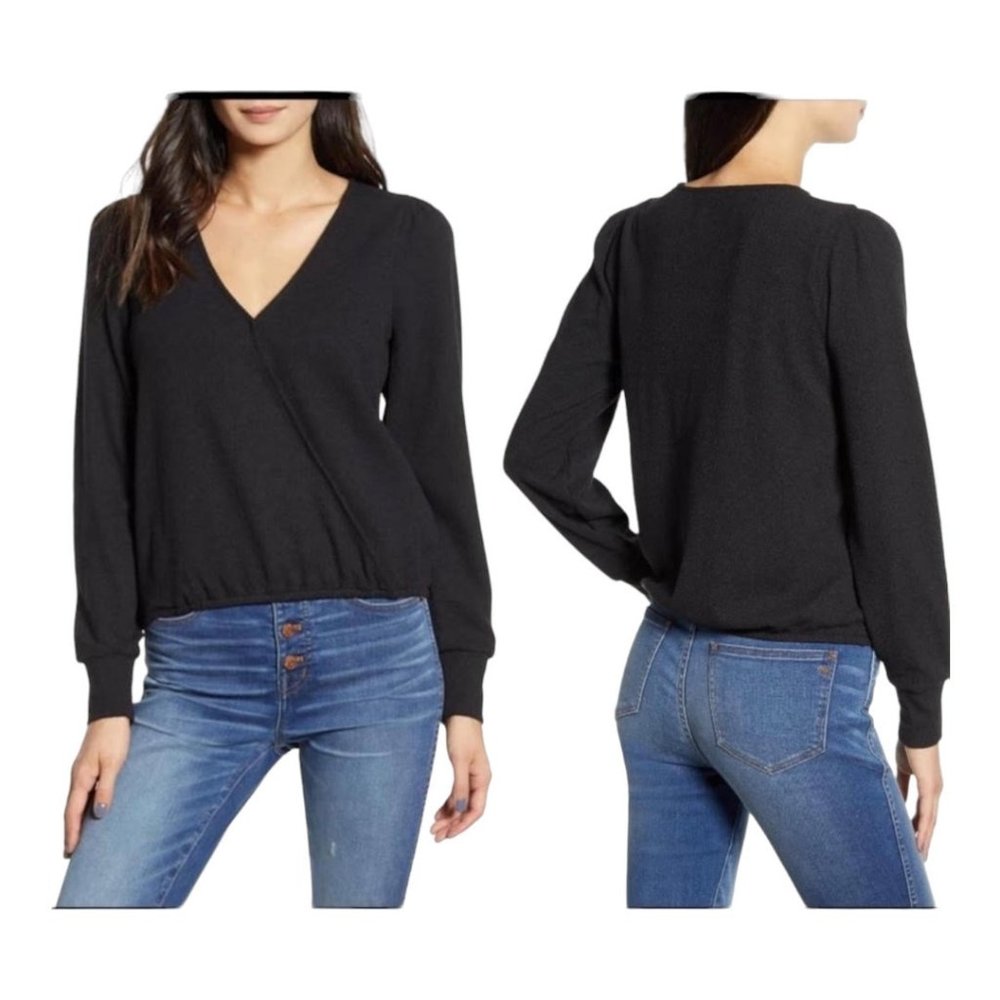 Madewell Texture & Thread Small Black Surplice Faux Wrap Long Sleeve Textured …